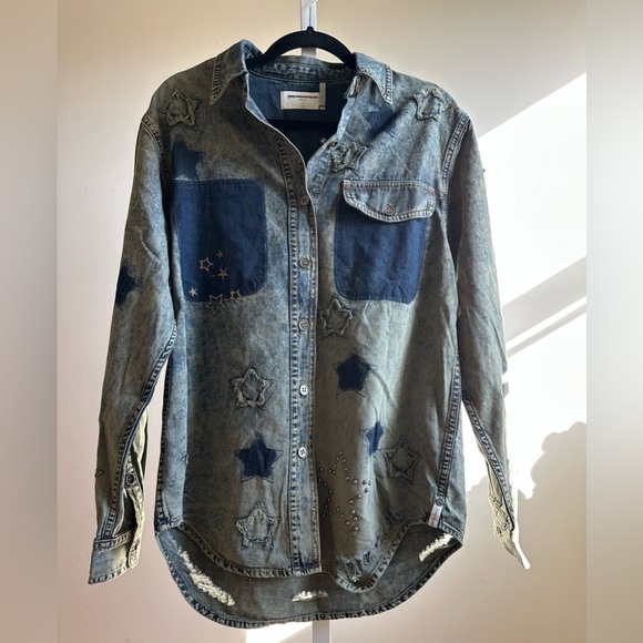 NWT Free People One Teaspoon Everyday Denim Classic Star Shirt S Petrol Green - Picture 5 of 11